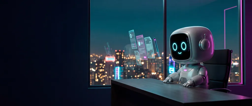 Andi, the friendly robot assistant, working at a desk by a city window at night